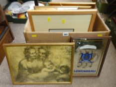 Box containing large quantity of mixed paintings, prints, advertising mirrors etc