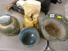 Three items of Studio pottery and a blush Royal Vienna figure