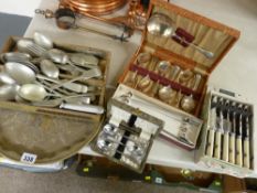 Parcel of cased and uncased flatware, brass tray etc