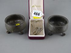 'Rhiannon' silver pendant on chain, hallmarked salt spoon and two base metal three footed salts