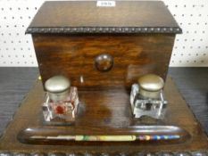 Polished beadwork decorated desk stand with inkwells
