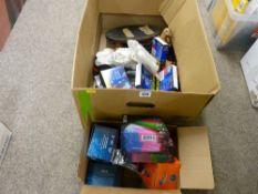 Two boxes of office equipment including recordable CDs etc