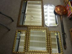 Two bevelled glass wall mirrors, gilt framed dressing table mirror, long handled copper warming pan