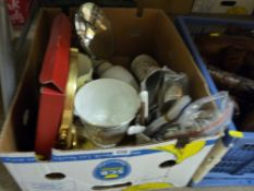 Box of mixed porcelain, flatware, mirrors, planters etc