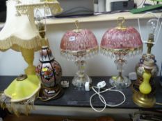 Two reproduction glass lustre table lamps and two ornamental table lamps E/T