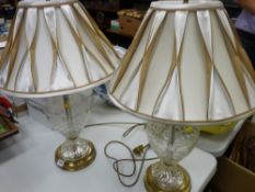 Pair of excellent modern brass and glass effect table lamps with shades E/T