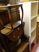 Small polished drop leaf coffee table, a glass topped square table with base shelf and a white