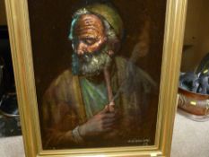 J ZINAKIAN painting on material - man smoking a pipe, 66 x 47 cms