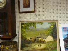 J WILLIAMSON oil on board - farmyard scene with hens, 40 x 50 cms and a print