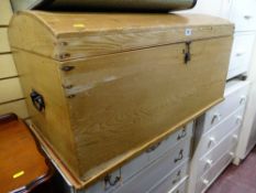 Good stripped pine dome lidded chest with end metal handles