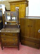 Polished mirror backed dressing table and non-matching tallboy