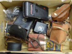 Box of vintage camera equipment including Zeis, Ikon, Nettar, Envoy, Yeighandr? etc