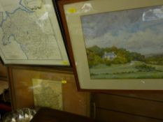 Welsh maps and W D BAND watercolour - countryside scene