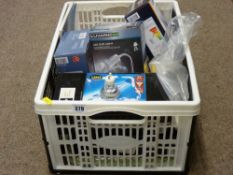 Crate of clip-on lights, miscellaneous items etc