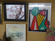 Colourful framed woolwork depicting artist's materials, watercolour - river scene etc