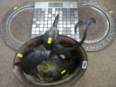 Two brass trays, copper planter etc