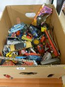 Box containing a large quantity of vintage diecast vehicles including Dinky fire engine, Dinky