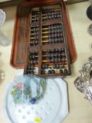 Stoneware Solitaire board and marbles, an abacus and a treen tray