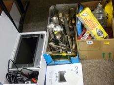Box of mixed household, small box of miscellaneous cutlery and a compact flatscreen TV