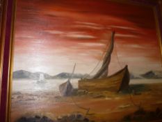 F MORTON oil on board - moored boats on a river with mountainous backdrop, dated 1969, 49 x 59 cms