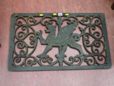 Interesting oblong wrought iron panel/grid with scrolled decoration and a centre rampant Welsh