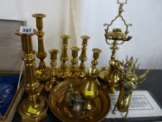 Parcel of ornamental brassware including several candlesticks, ornamental dragon etc