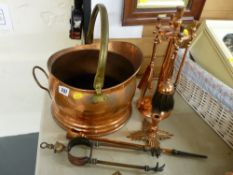 Copper helmet coal scuttle, copper fire irons etc