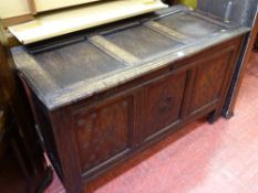 18th Century oak dower chest, the lid having three inset panels and the front with three inset