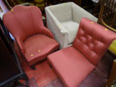 Square tweed effect small easy chair and two nicely upholstered armless chairs on brass castors