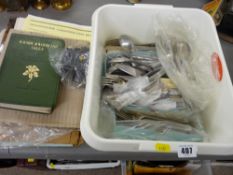 Tub of mixed flatware, ephemera etc