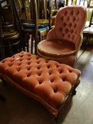Pink dralon upholstered bedroom and an oblong button topped footstool