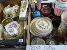 Two boxes of mixed porcelain including Worcester, Portmeirion, Wedgwood, Arthur Wood lustre vase