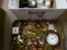 Two boxes of brass fire irons, copperware, wall clock, white metalware and a parcel of miscellaneous