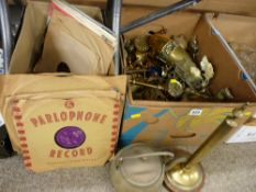 Large parcel of ornamental and other brassware, old vinyl records etc