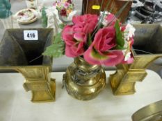 Pair of Oriental square based brass vases and a serpent decorated brass vase