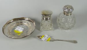Two hallmarked silver topped dressing table bottles together with a hallmarked silver glass bottomed