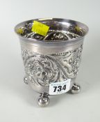 A Norwegian marked 830S silver repousse decorated small planter on bun feet, probably BRODRENE