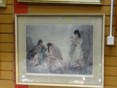 SIR WILLIAM RUSSELL FLINT print of three semi-clad females in conversation, with embossed mark