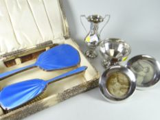 Two hallmarked silver circular photograph frames boxed dressing table mirror & brush set, silver