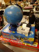 A Micro Scalextric boxed racing car set, a boxed Thunderbird 2 electronic playset, globe lamp etc