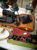 Two cased sets of binoculars & a vintage pipe rack & pipes