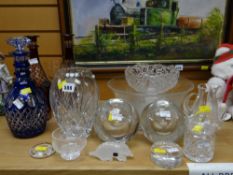 Blue Bohemian glass decanter, two red Bohemian glass decanters, parcel of other glass items