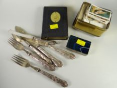 Small parcel of hallmarked silver-handled flatware, tin containing cigarette cards, EPNS gemstone