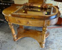 Small vintage oak two-drawer desk together with a walnut veneered bow front dressing table (