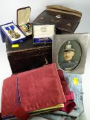 Small wooden box containing Masonic / military related items relating to Welsh guard David James