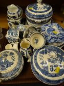 Tray of various make blue & white Staffordshire willow patterned teaware