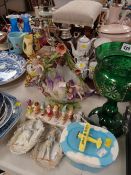 A green glass lustre, novelty butter dish, continental ceramics, marble effect two-piece telephone &