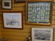 Framed watercolour of a docked three mast schooner signed JON HARRY '95, together with a framed