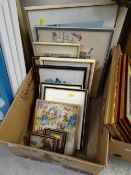 Box of various framed prints including some military uniforms, embroideries