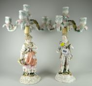 A pair of Sitzensdorf porcelain five-branch figurative candelabra's